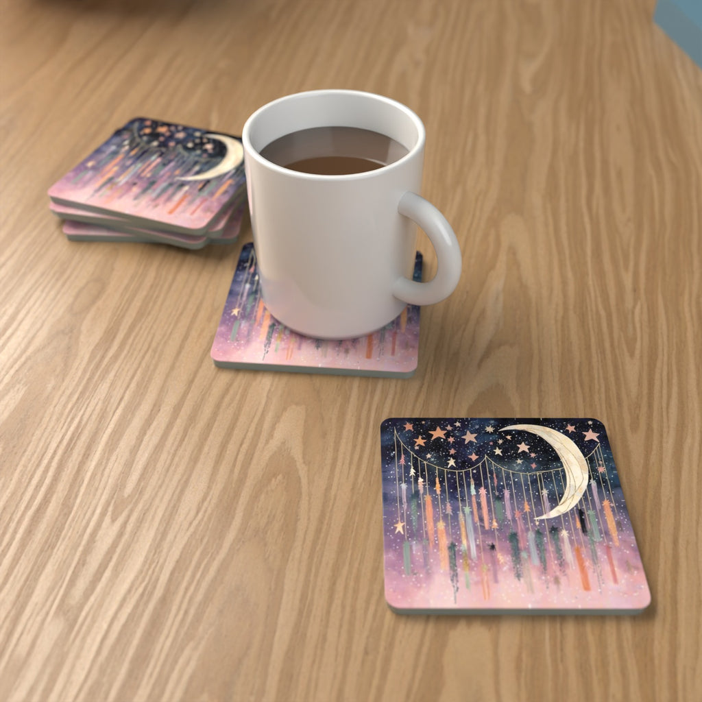 Crescent Moon & Star Curtain Square Glass Coasters – Set of 6 – lifestyle mockup with a mug of coffee