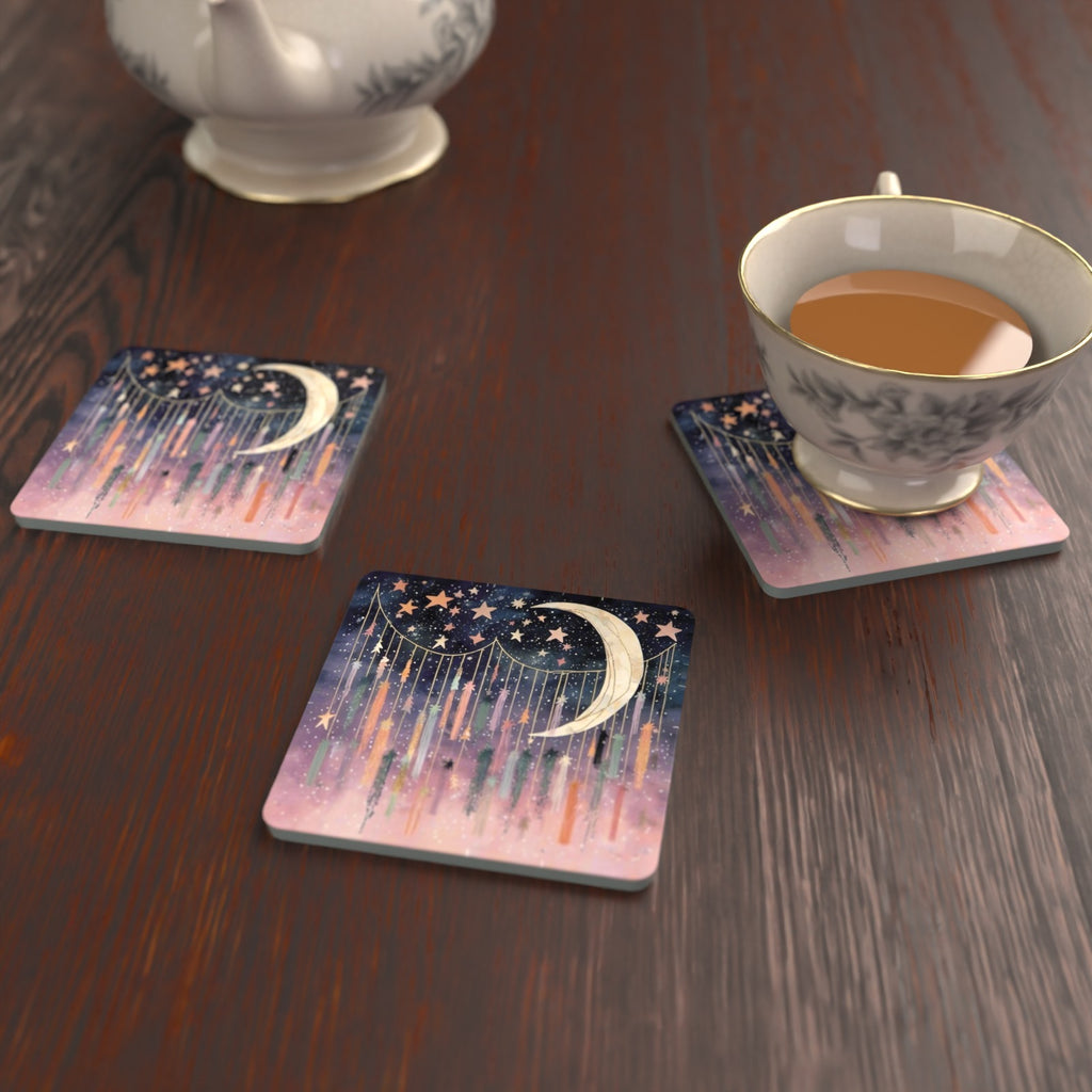 Crescent Moon & Star Curtain Square Glass Coasters – Set of 6 – lifestyle mockup with a teacup
