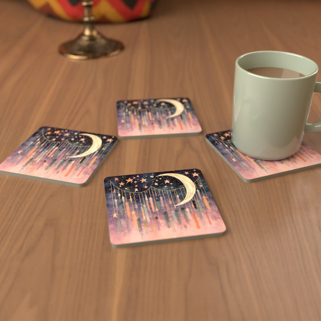 Crescent Moon & Star Curtain Square Glass Coasters – Set of 6 – cosy lifestyle mockup