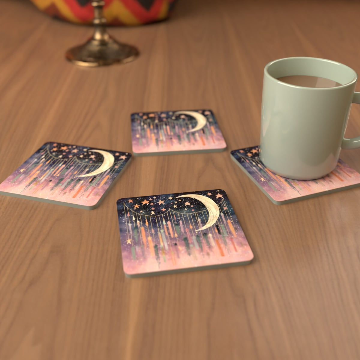 Crescent Moon & Star Curtain Square Glass Coasters – Set of 6 – cosy lifestyle mockup