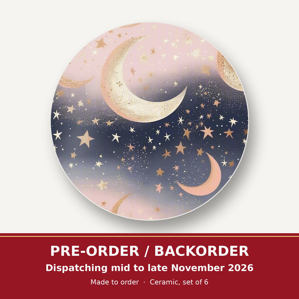 Pastel Crescent Moons & Stars round ceramic coaster set of 6 – pre-order / backorder, dispatching mid to late November 2026