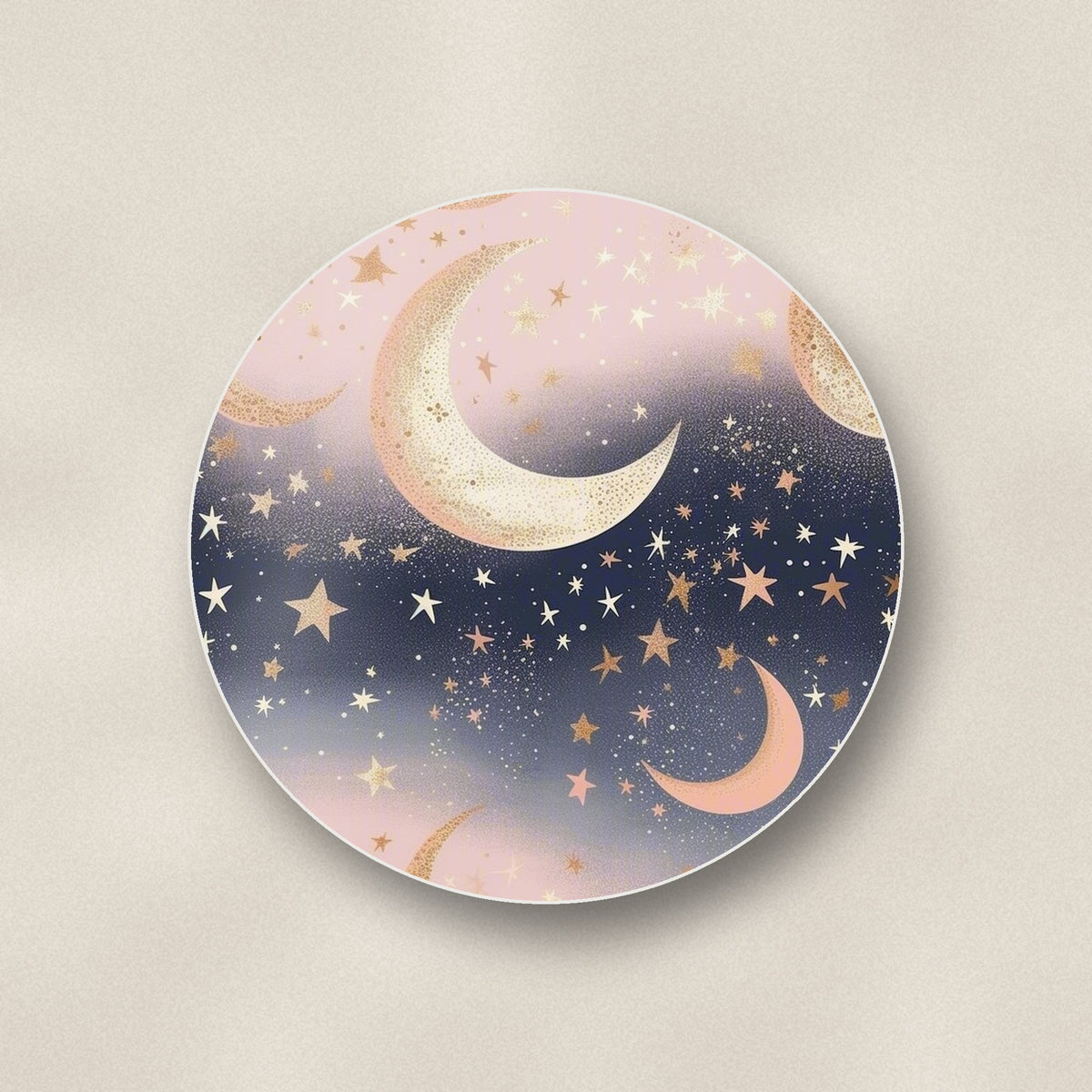 Close-up of one pastel crescent moons & stars round ceramic coaster, flat UV print