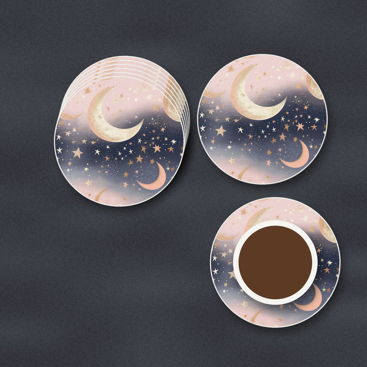Pastel Crescent Moons & Stars round ceramic coasters stacked on a slate kitchen worktop