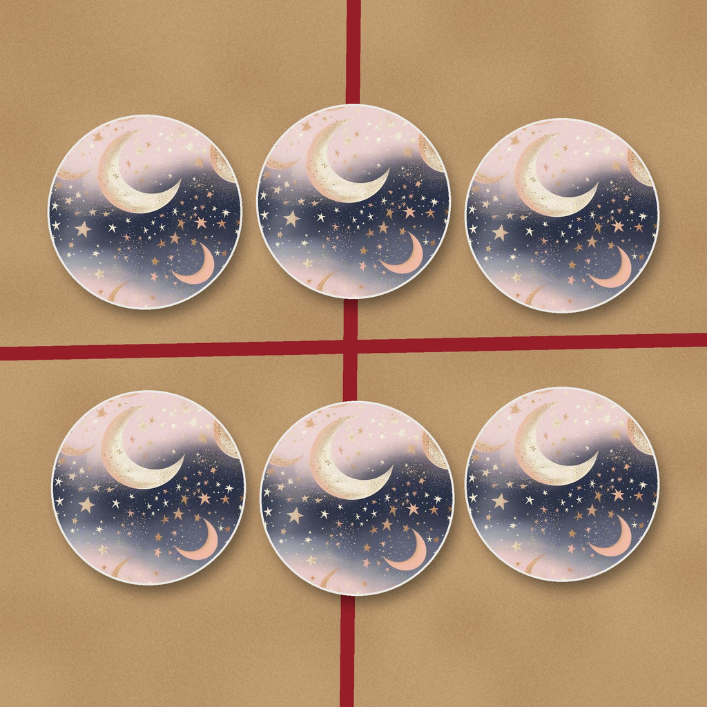 Pastel Crescent Moons & Stars round ceramic coasters on kraft gift wrap