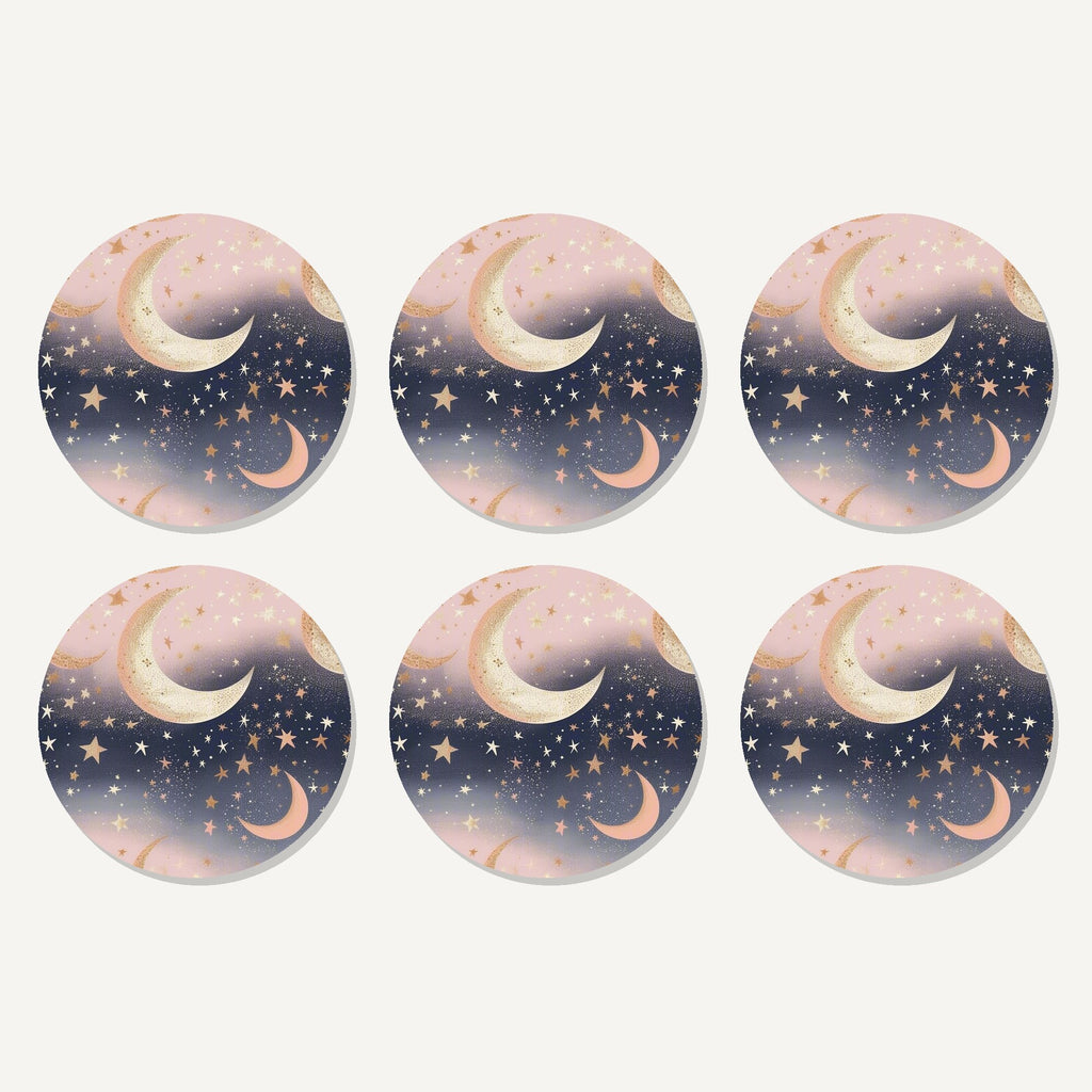 Flat lay of the pastel crescent moons & stars artwork on six round coasters