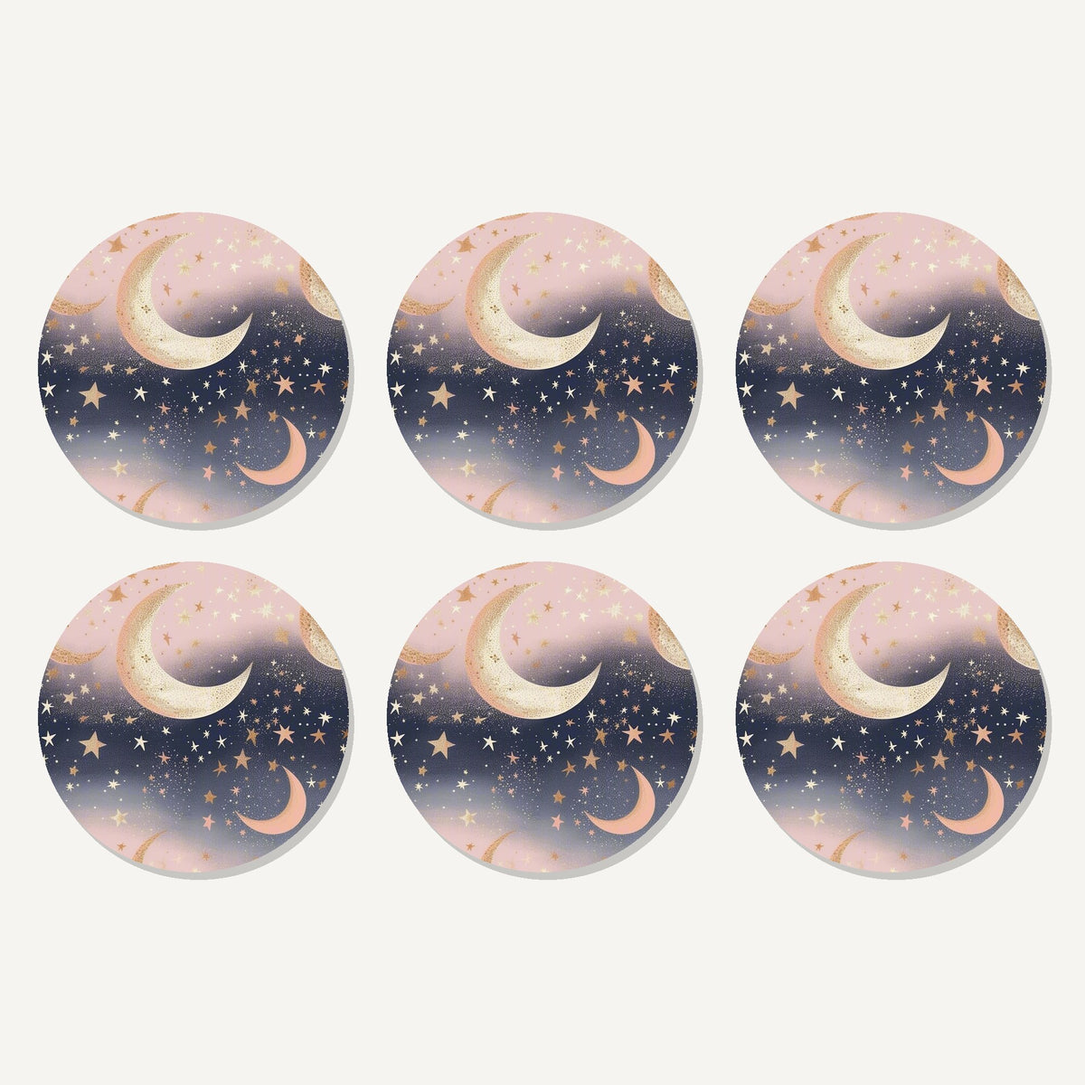 Flat lay of the pastel crescent moons & stars artwork on six round coasters
