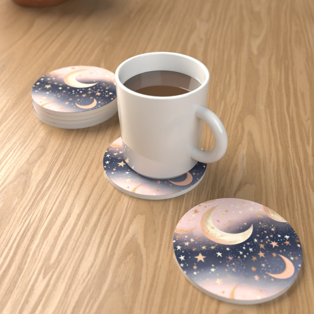Pastel Crescent Moons & Stars Round Ceramic Coasters – Set of 6 – lifestyle mockup with a mug of coffee