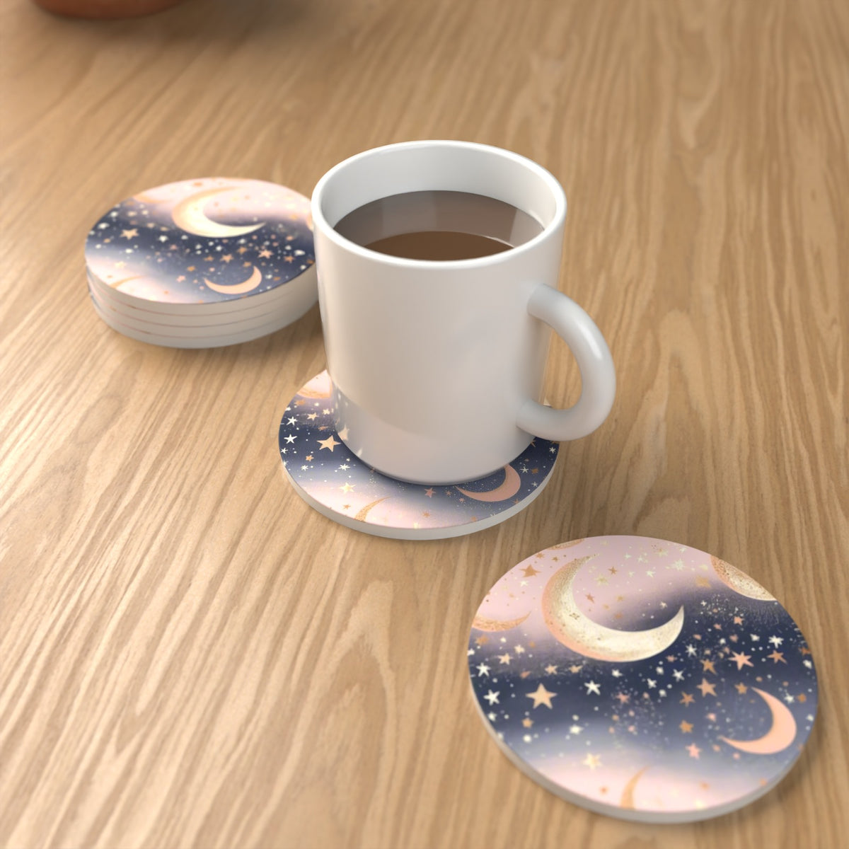 Pastel Crescent Moons & Stars Round Ceramic Coasters – Set of 6 – lifestyle mockup with a mug of coffee