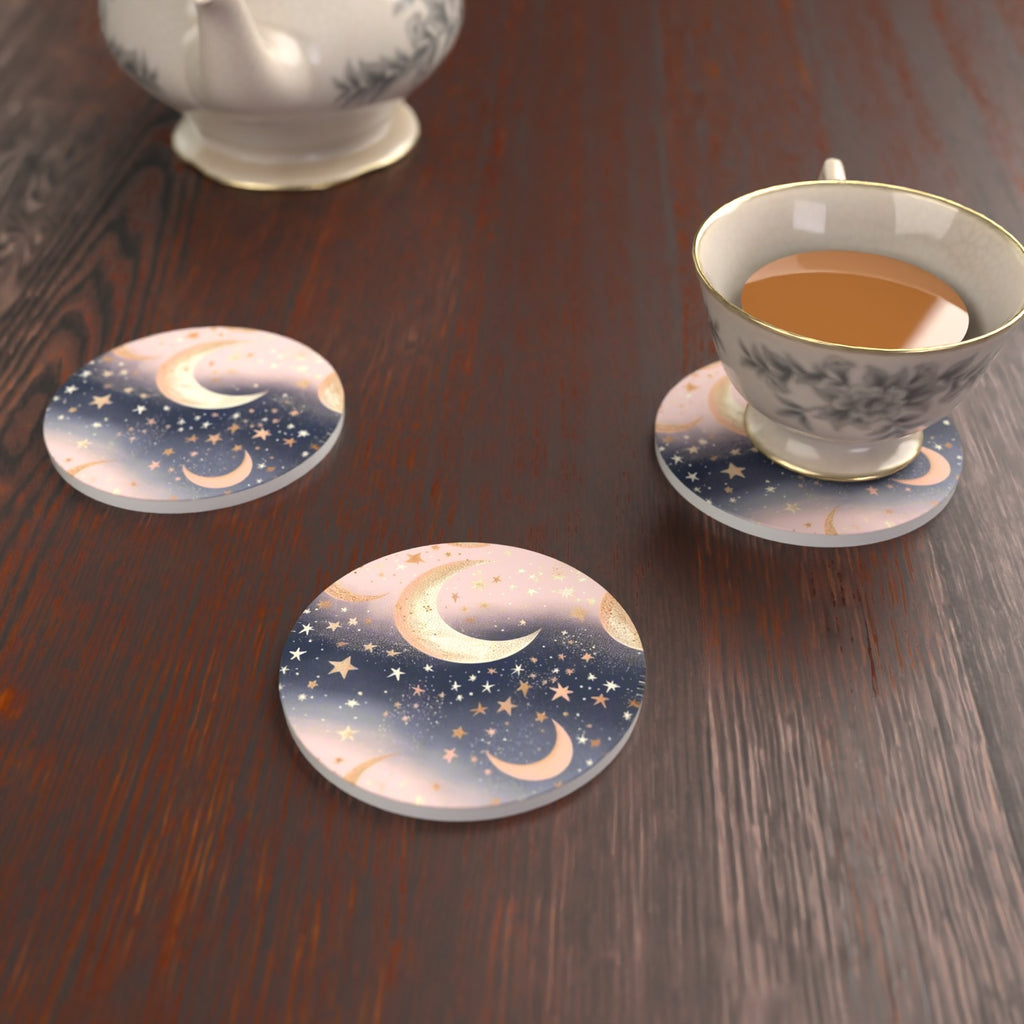 Pastel Crescent Moons & Stars Round Ceramic Coasters – Set of 6 – lifestyle mockup with a teacup