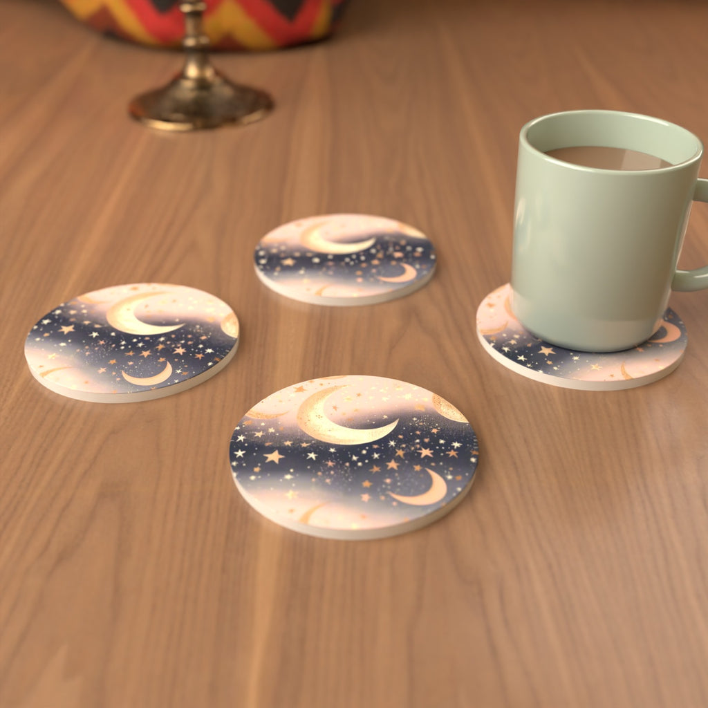 Pastel Crescent Moons & Stars Round Ceramic Coasters – Set of 6 – cosy lifestyle mockup