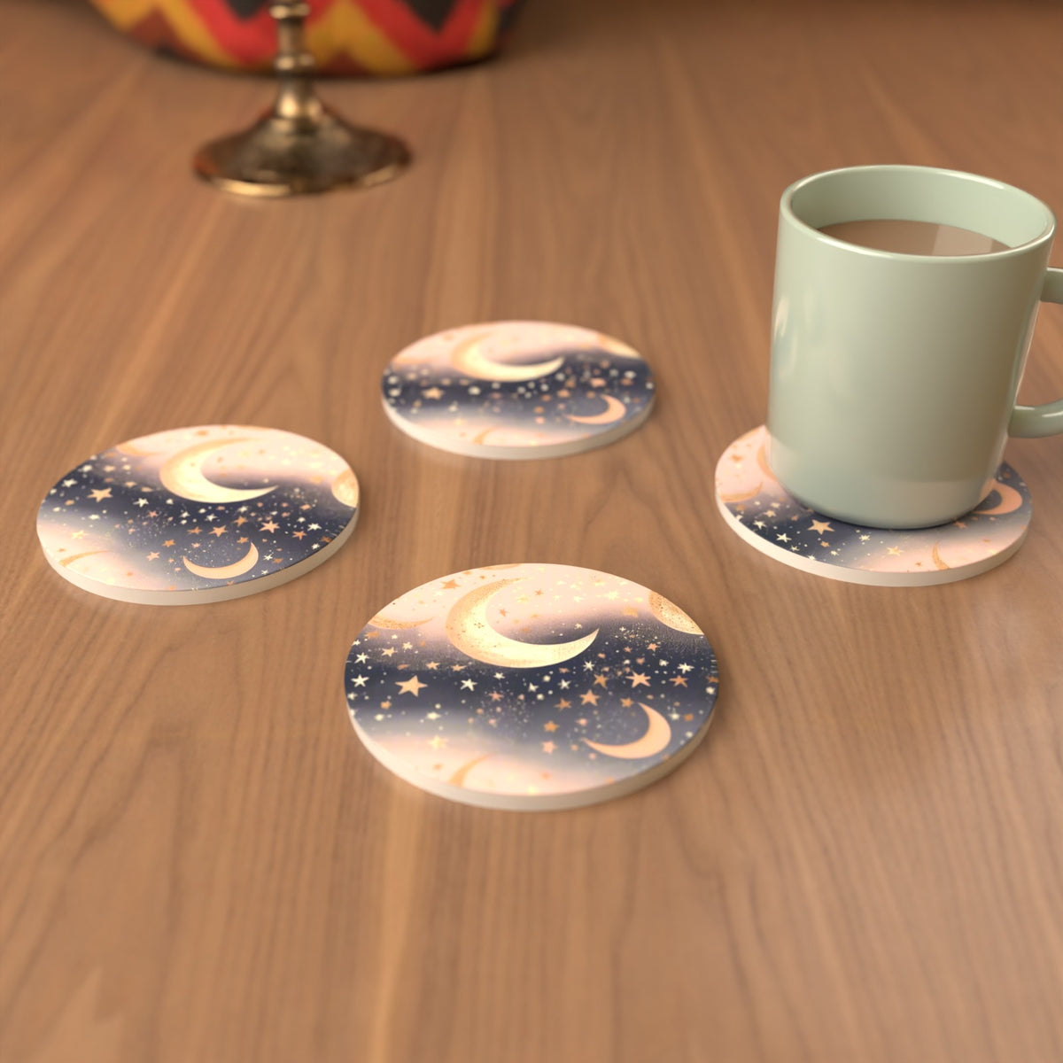 Pastel Crescent Moons & Stars Round Ceramic Coasters – Set of 6 – cosy lifestyle mockup