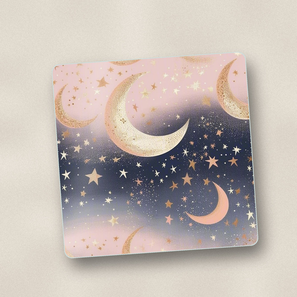 Close-up of one pastel crescent moons & stars square glass coaster, flat UV print