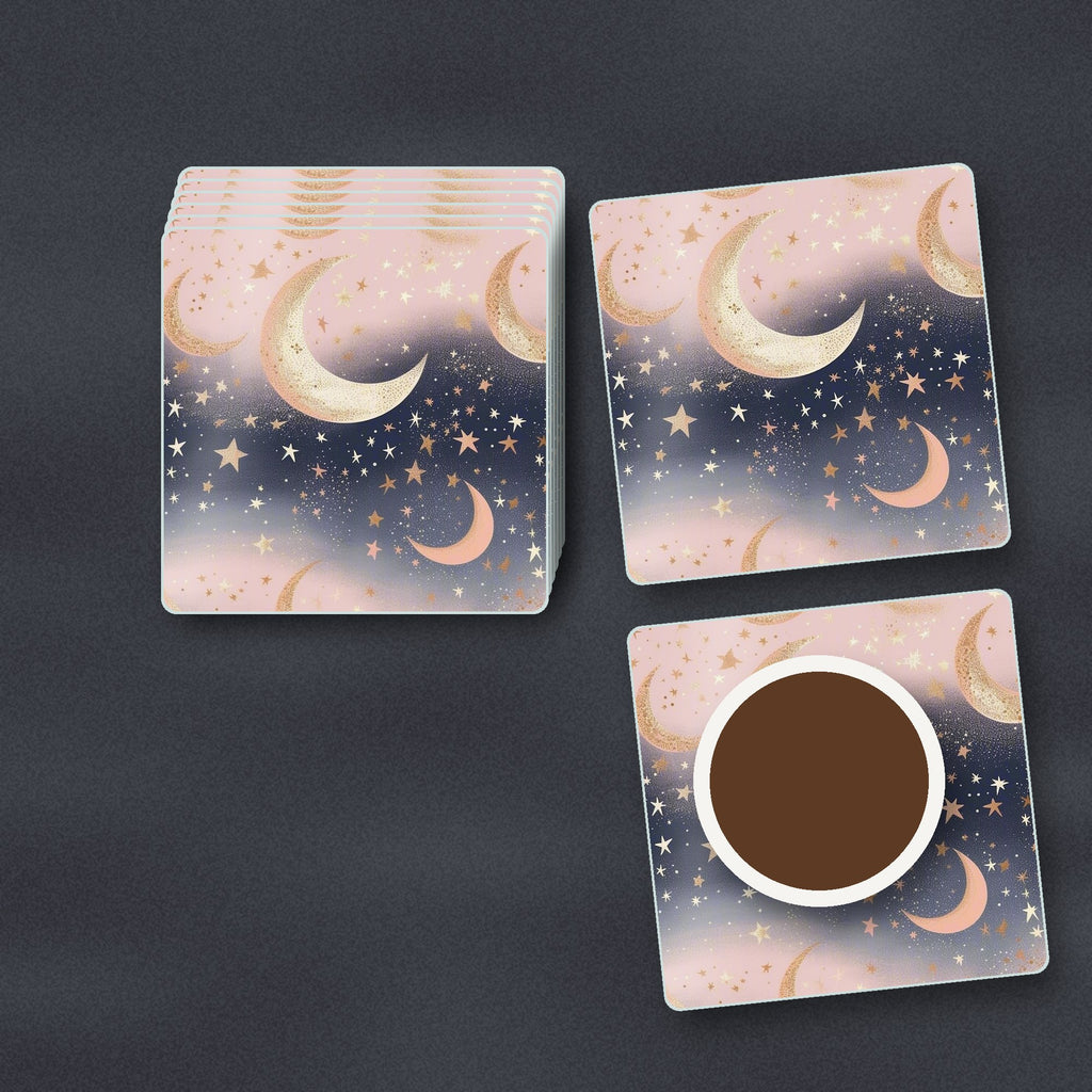 Pastel Crescent Moons & Stars square glass coasters stacked on a slate kitchen worktop