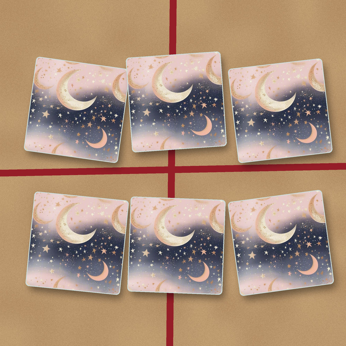 Pastel Crescent Moons & Stars square glass coasters on kraft gift wrap