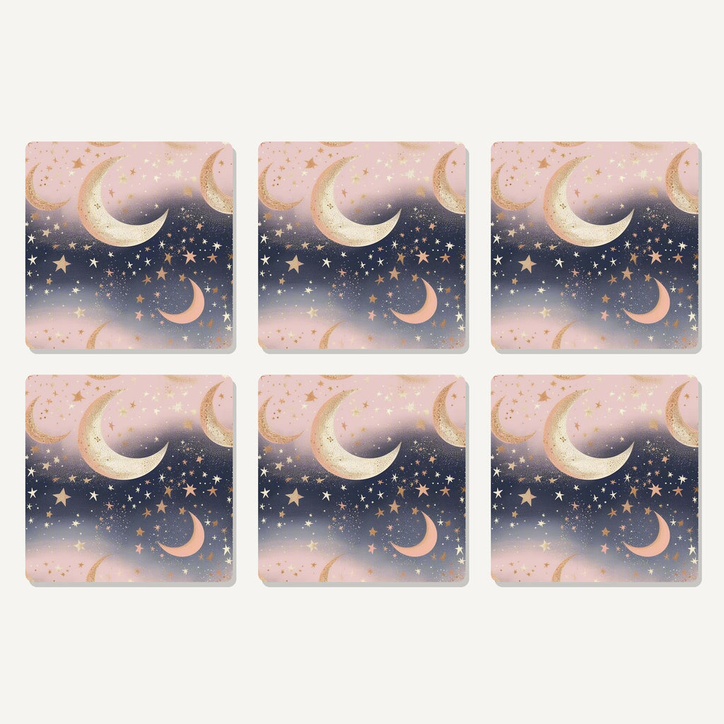 Flat lay of the pastel crescent moons & stars artwork on six square coasters