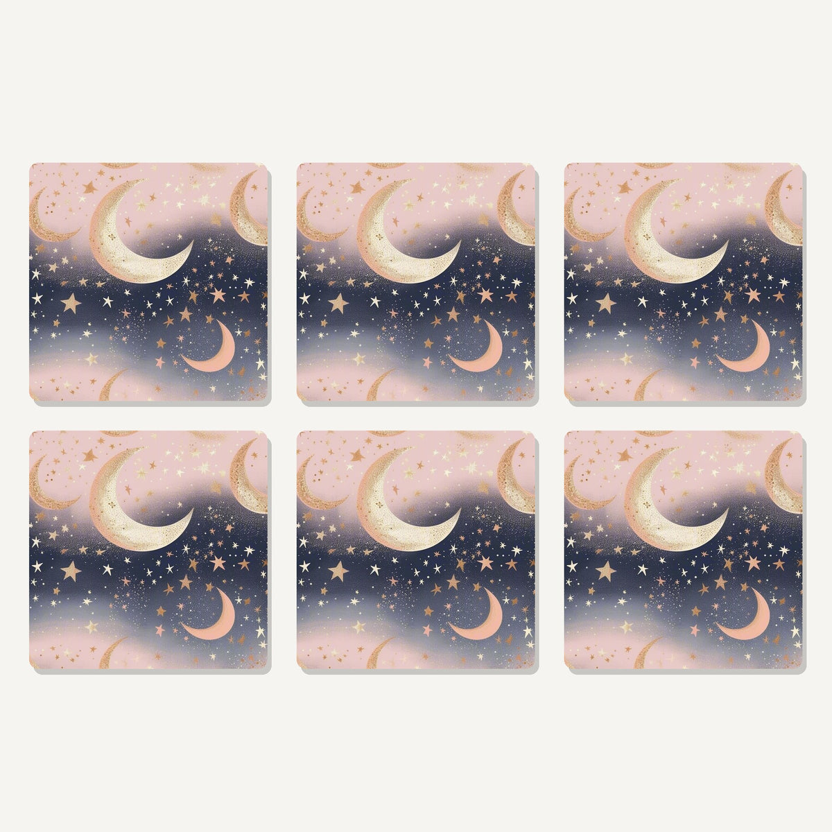 Flat lay of the pastel crescent moons & stars artwork on six square coasters