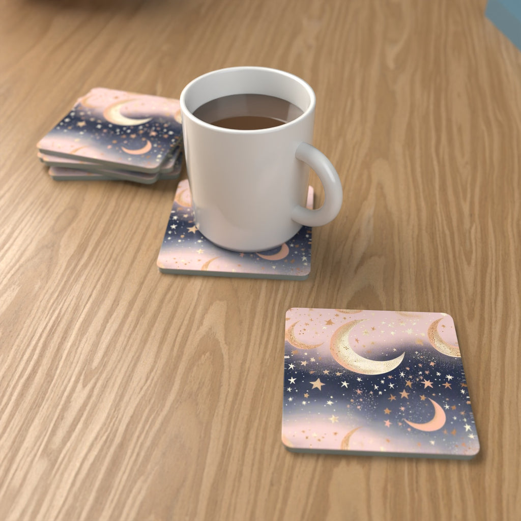 Pastel Crescent Moons & Stars Square Glass Coasters – Set of 6 – lifestyle mockup with a mug of coffee