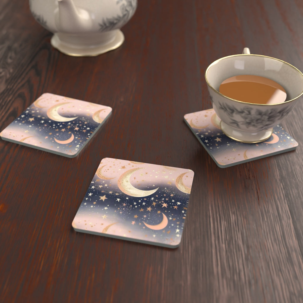 Pastel Crescent Moons & Stars Square Glass Coasters – Set of 6 – lifestyle mockup with a teacup