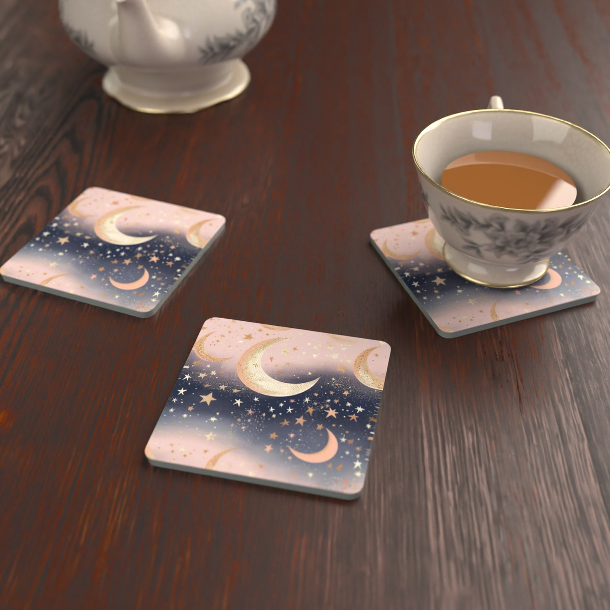 Pastel Crescent Moons & Stars Square Glass Coasters – Set of 6 – lifestyle mockup with a teacup