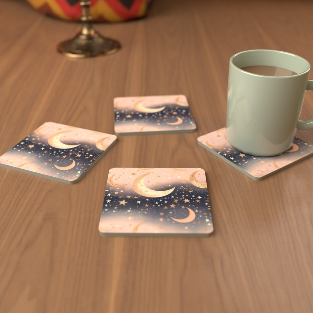 Pastel Crescent Moons & Stars Square Glass Coasters – Set of 6 – cosy lifestyle mockup