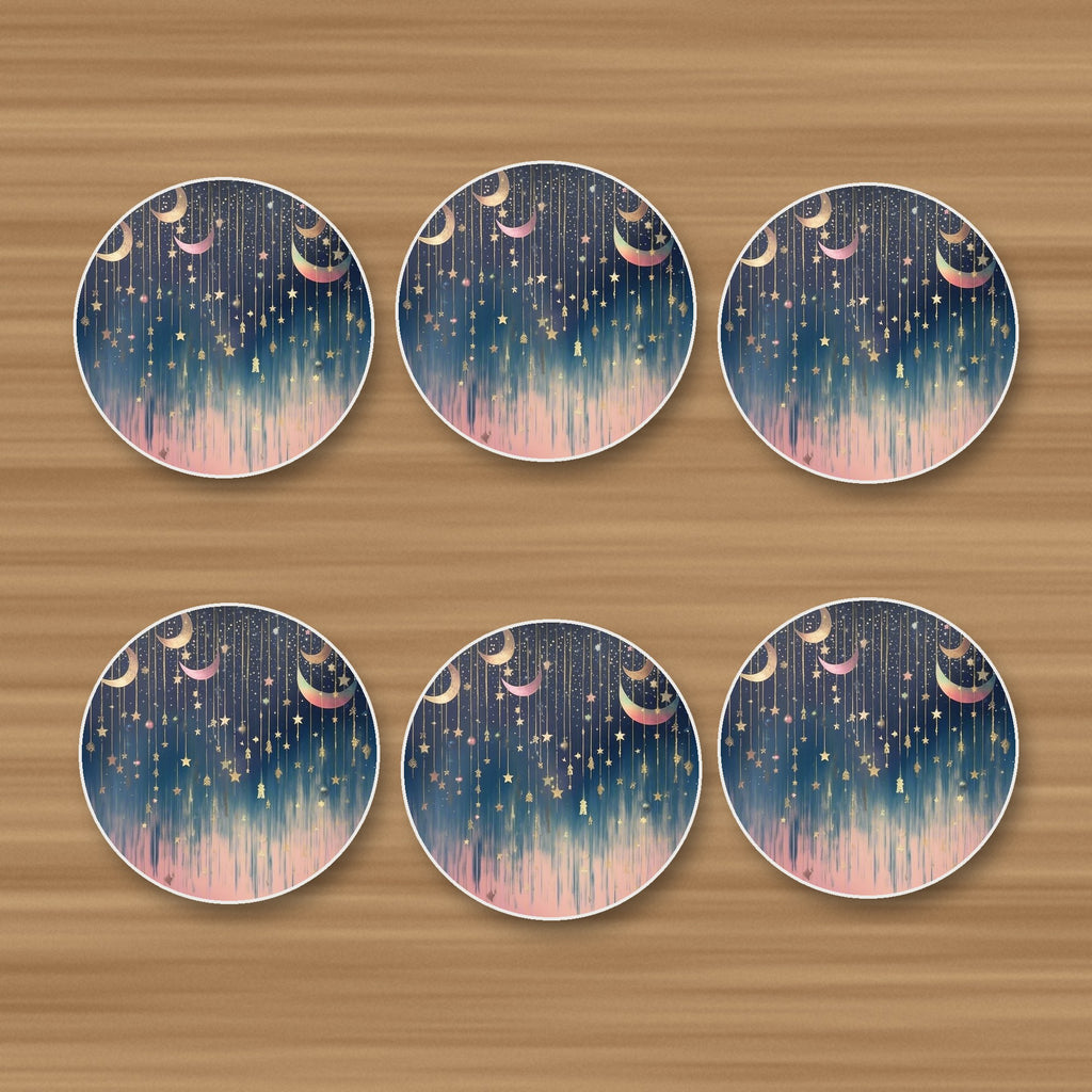 Hanging Moons & Stars round ceramic coasters, set of 6, on an oak coffee table