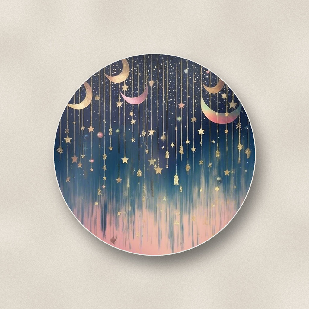 Close-up of one hanging moons & stars round ceramic coaster, flat UV print
