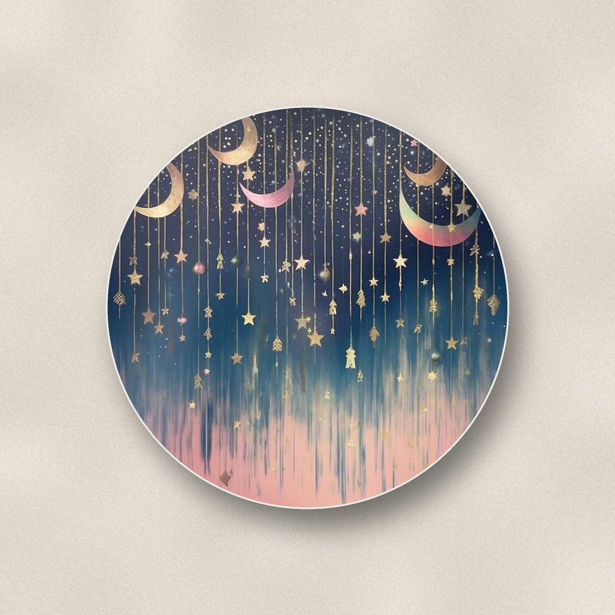 Close-up of one hanging moons & stars round ceramic coaster, flat UV print