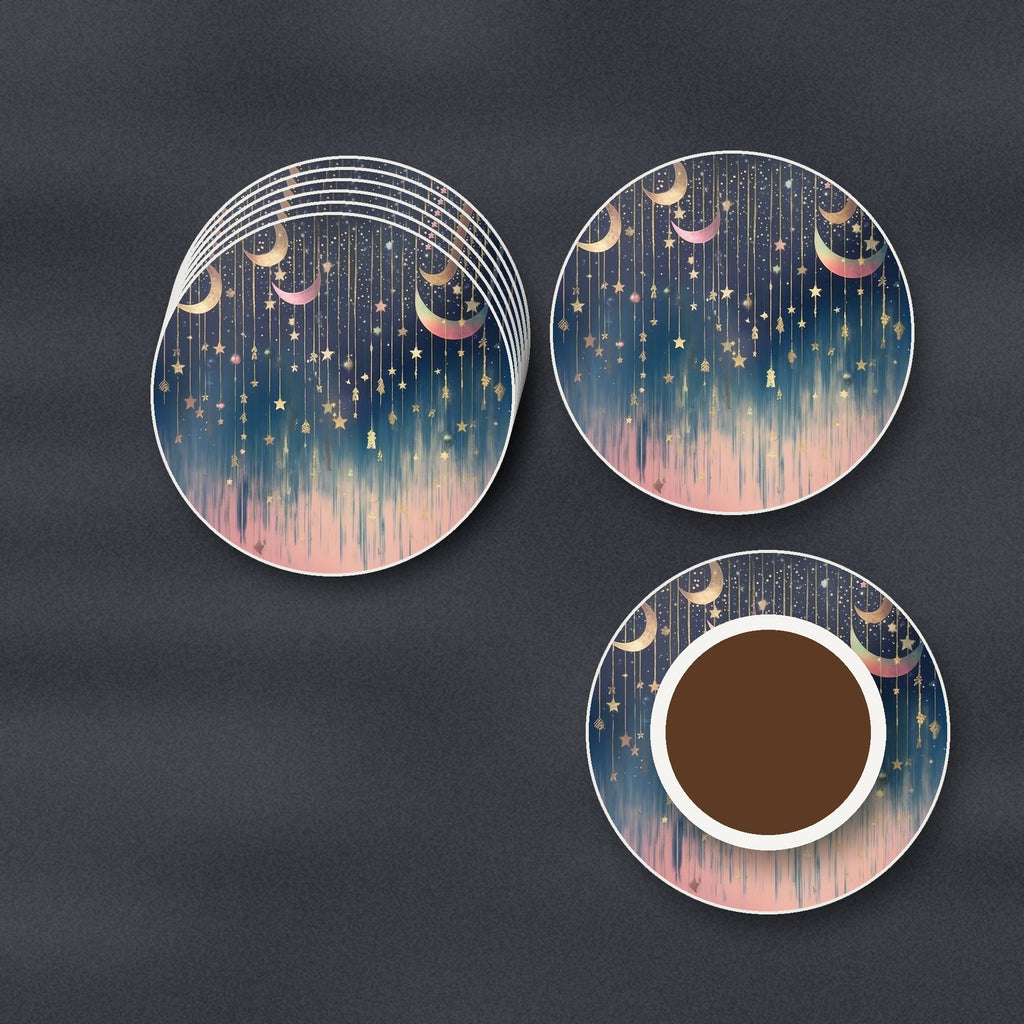 Hanging Moons & Stars round ceramic coasters stacked on a slate kitchen worktop