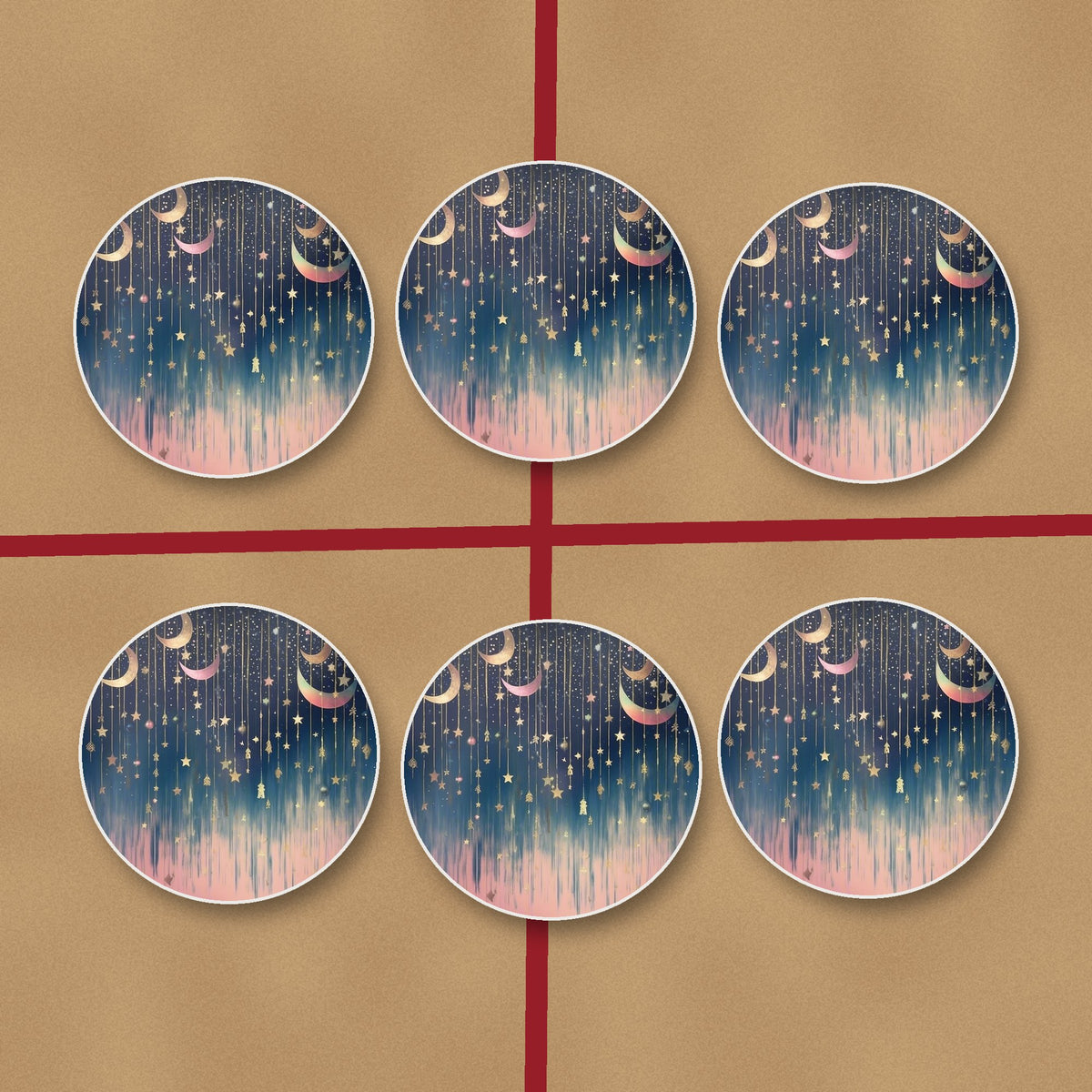 Hanging Moons & Stars round ceramic coasters on kraft gift wrap