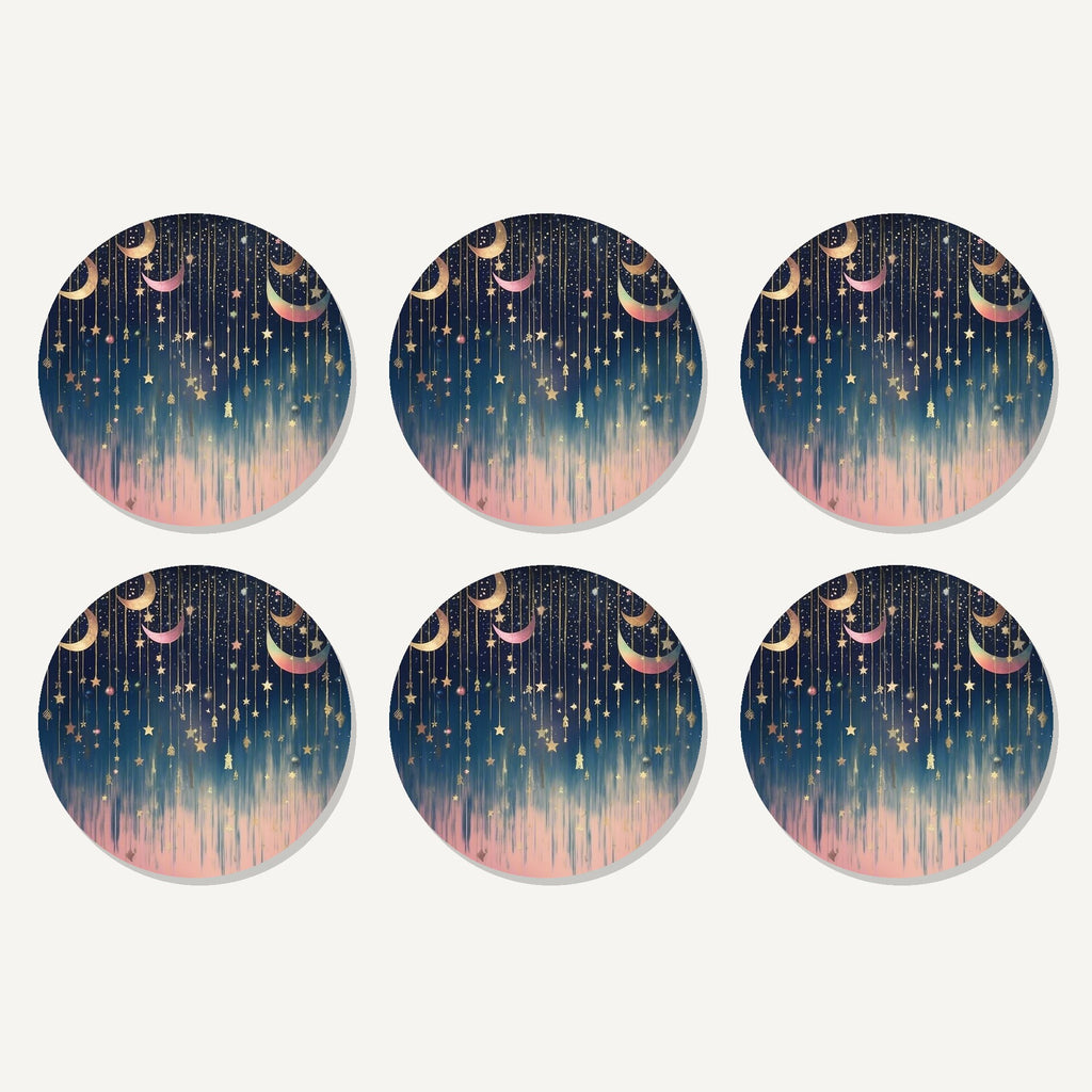 Flat lay of the hanging moons & stars artwork on six round coasters