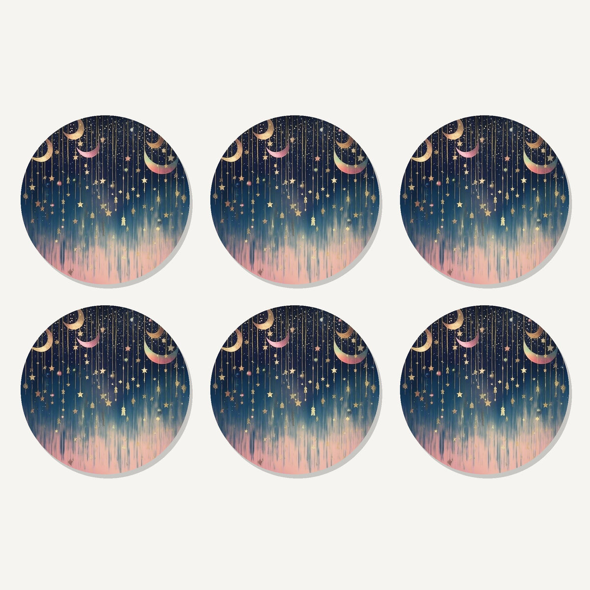 Flat lay of the hanging moons & stars artwork on six round coasters
