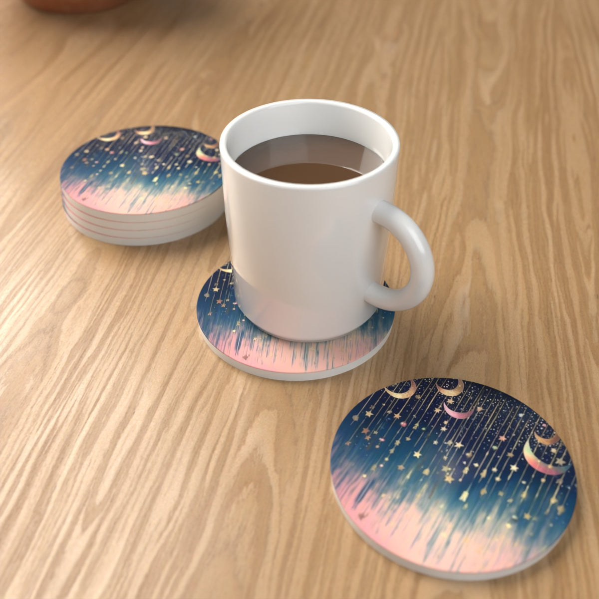 Hanging Moons & Stars Round Ceramic Coasters – Set of 6 – lifestyle mockup with a mug of coffee