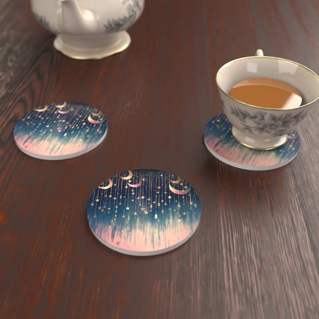 Hanging Moons & Stars Round Ceramic Coasters – Set of 6 – lifestyle mockup with a teacup