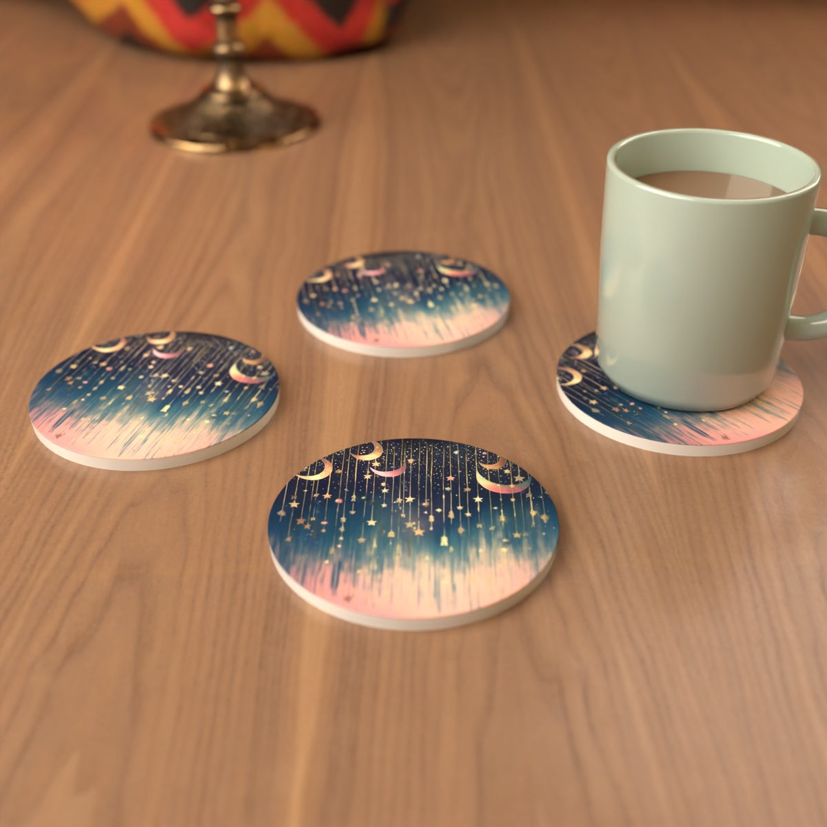 Hanging Moons & Stars Round Ceramic Coasters – Set of 6 – cosy lifestyle mockup