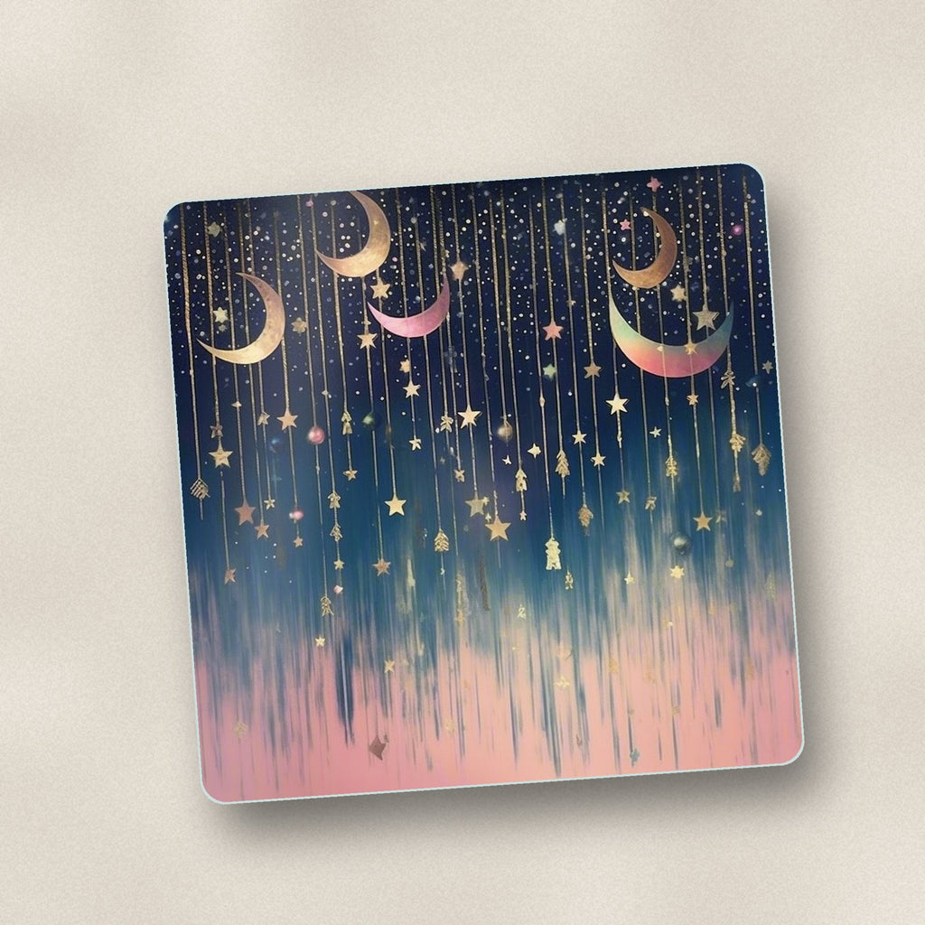 Close-up of one hanging moons & stars square glass coaster, flat UV print
