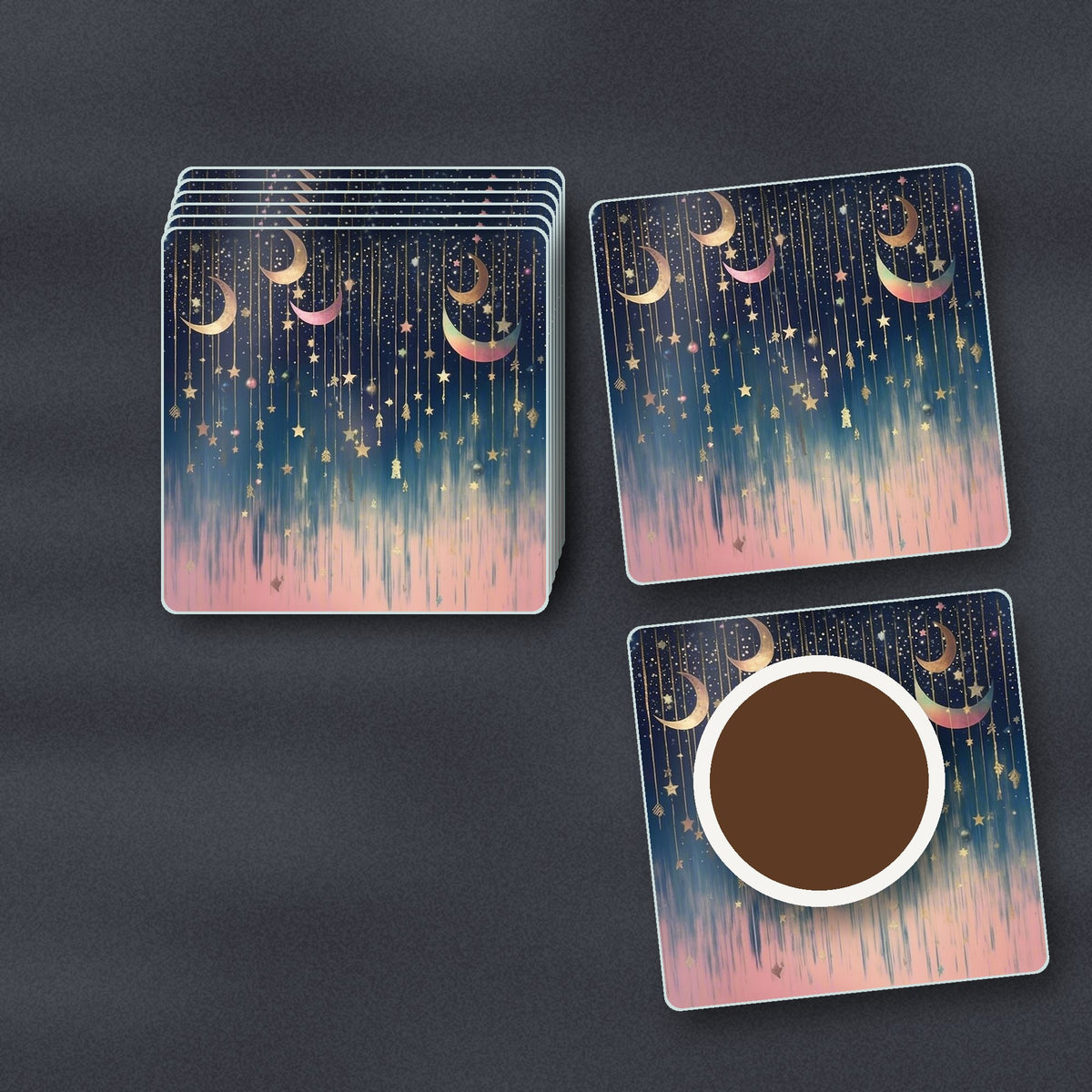Hanging Moons & Stars square glass coasters stacked on a slate kitchen worktop