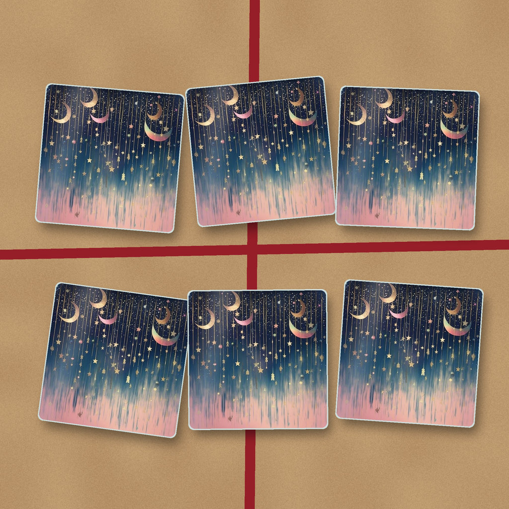 Hanging Moons & Stars square glass coasters on kraft gift wrap