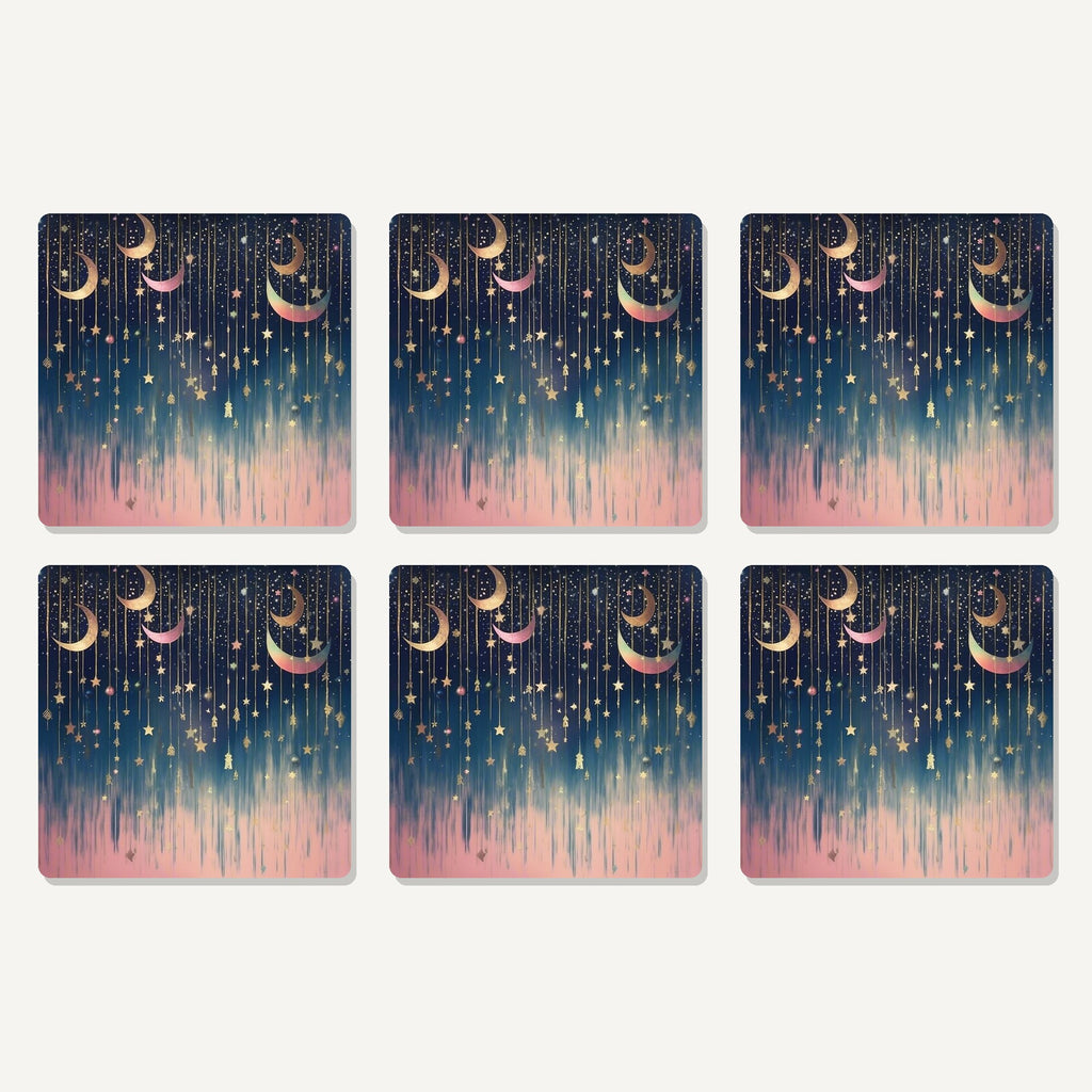 Flat lay of the hanging moons & stars artwork on six square coasters