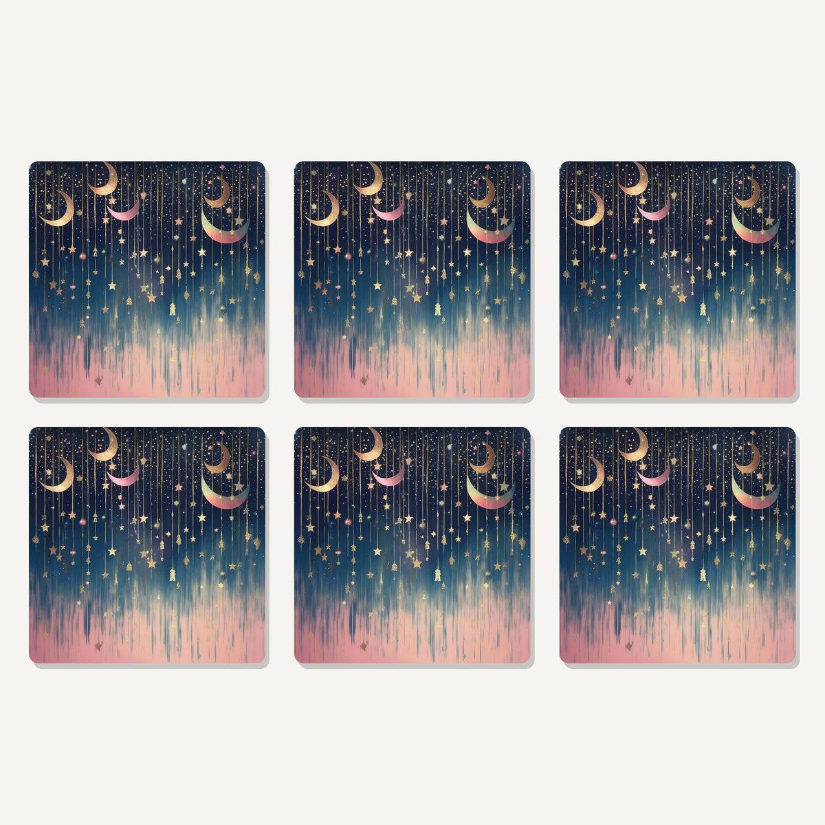 Flat lay of the hanging moons & stars artwork on six square coasters
