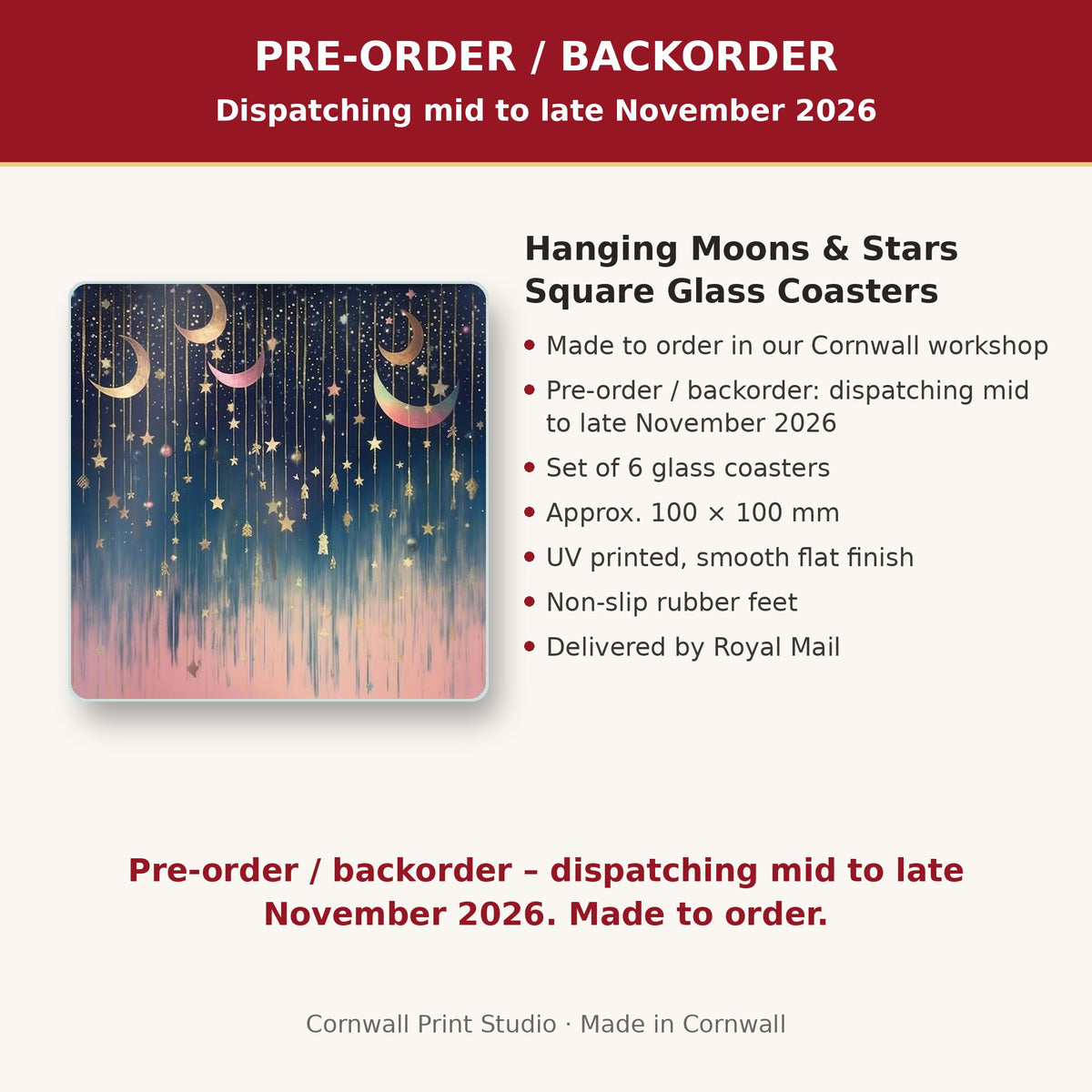 Info card: Hanging Moons & Stars Square Glass Coasters – Set of 6, made to order, dispatching mid to late November 2026, delivered by Royal Mail
