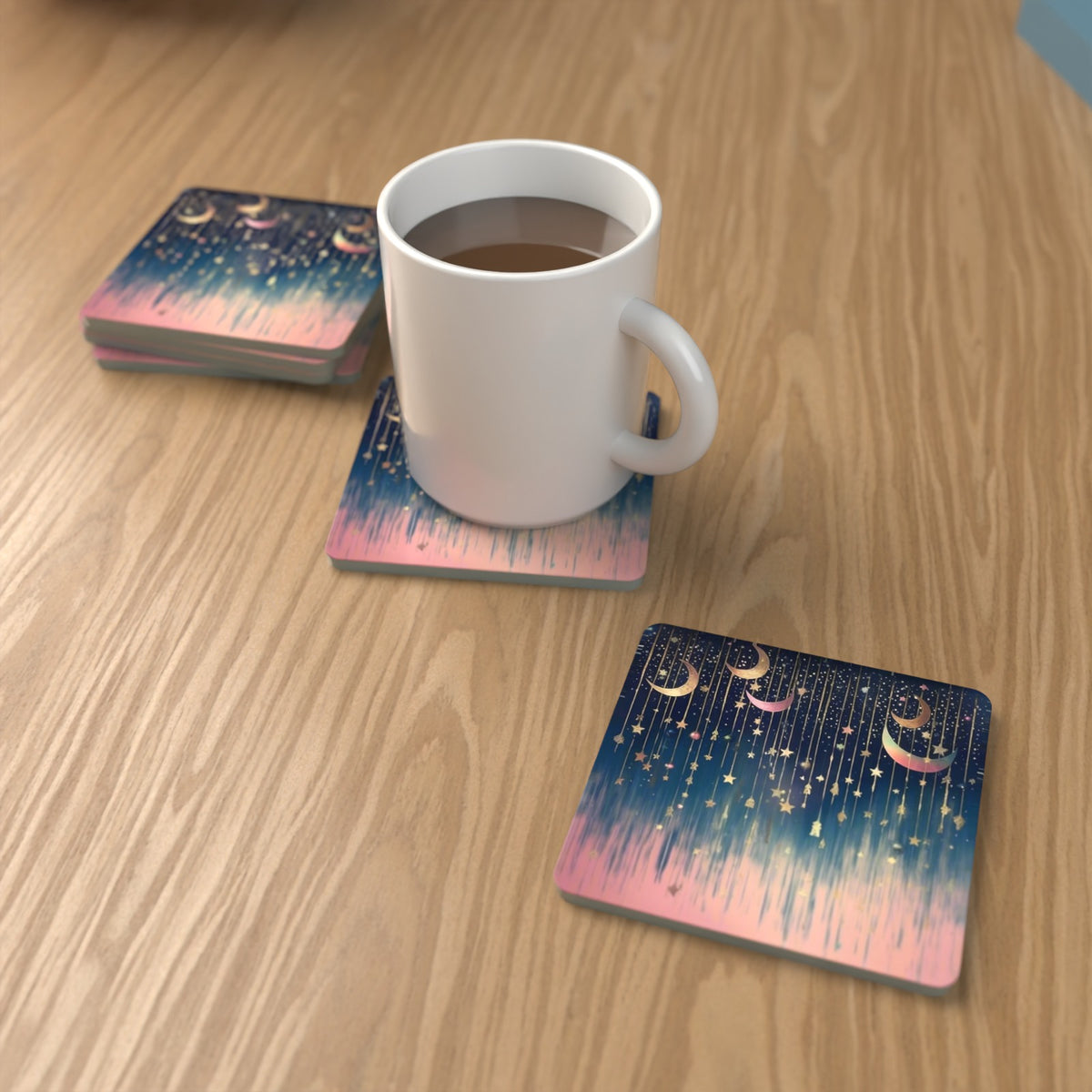 Hanging Moons & Stars Square Glass Coasters – Set of 6 – lifestyle mockup with a mug of coffee
