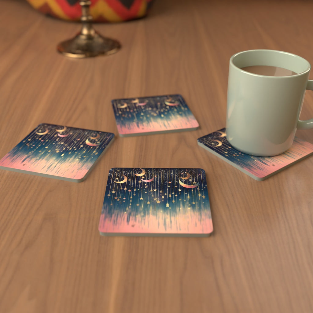 Hanging Moons & Stars Square Glass Coasters – Set of 6 – cosy lifestyle mockup
