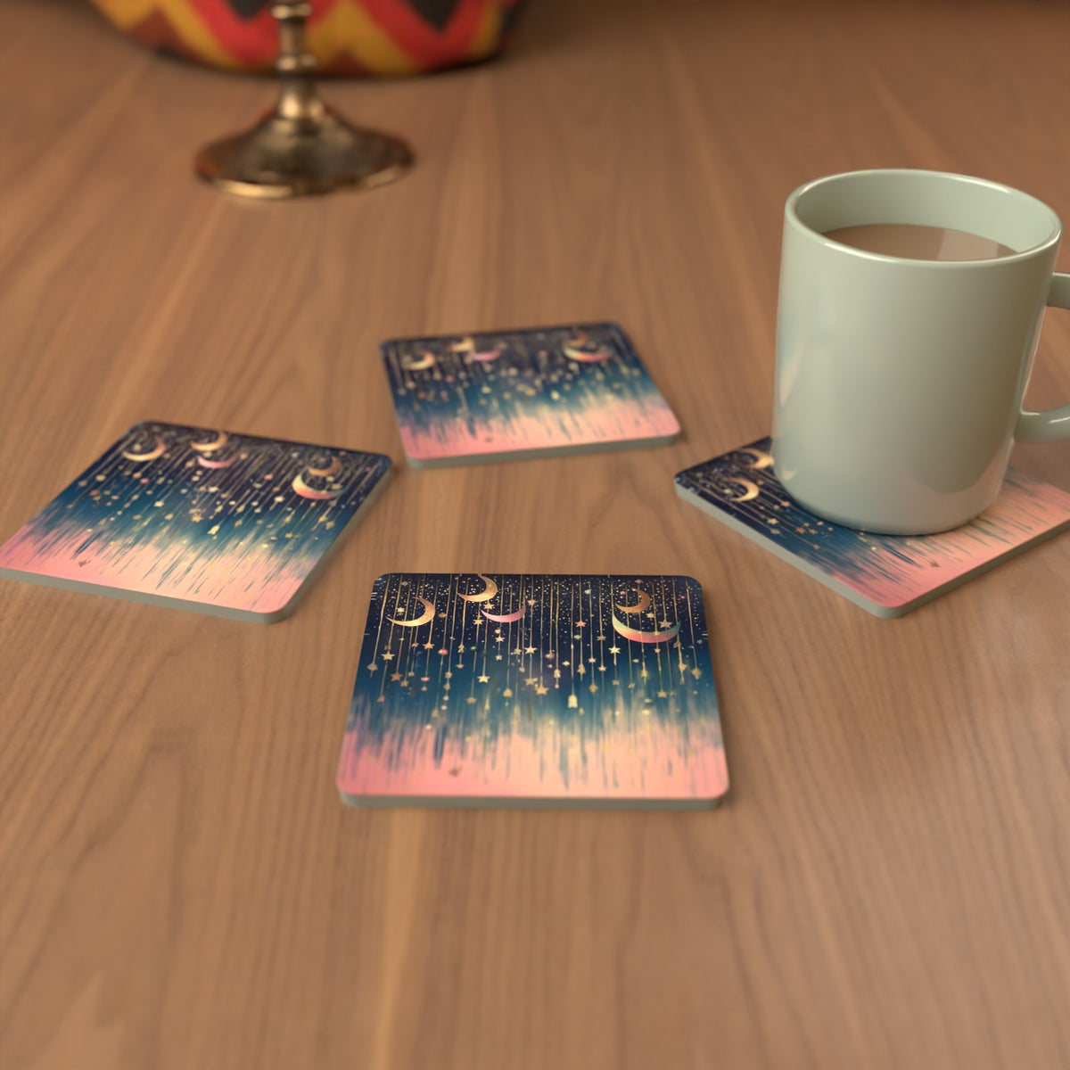 Hanging Moons & Stars Square Glass Coasters – Set of 6 – cosy lifestyle mockup