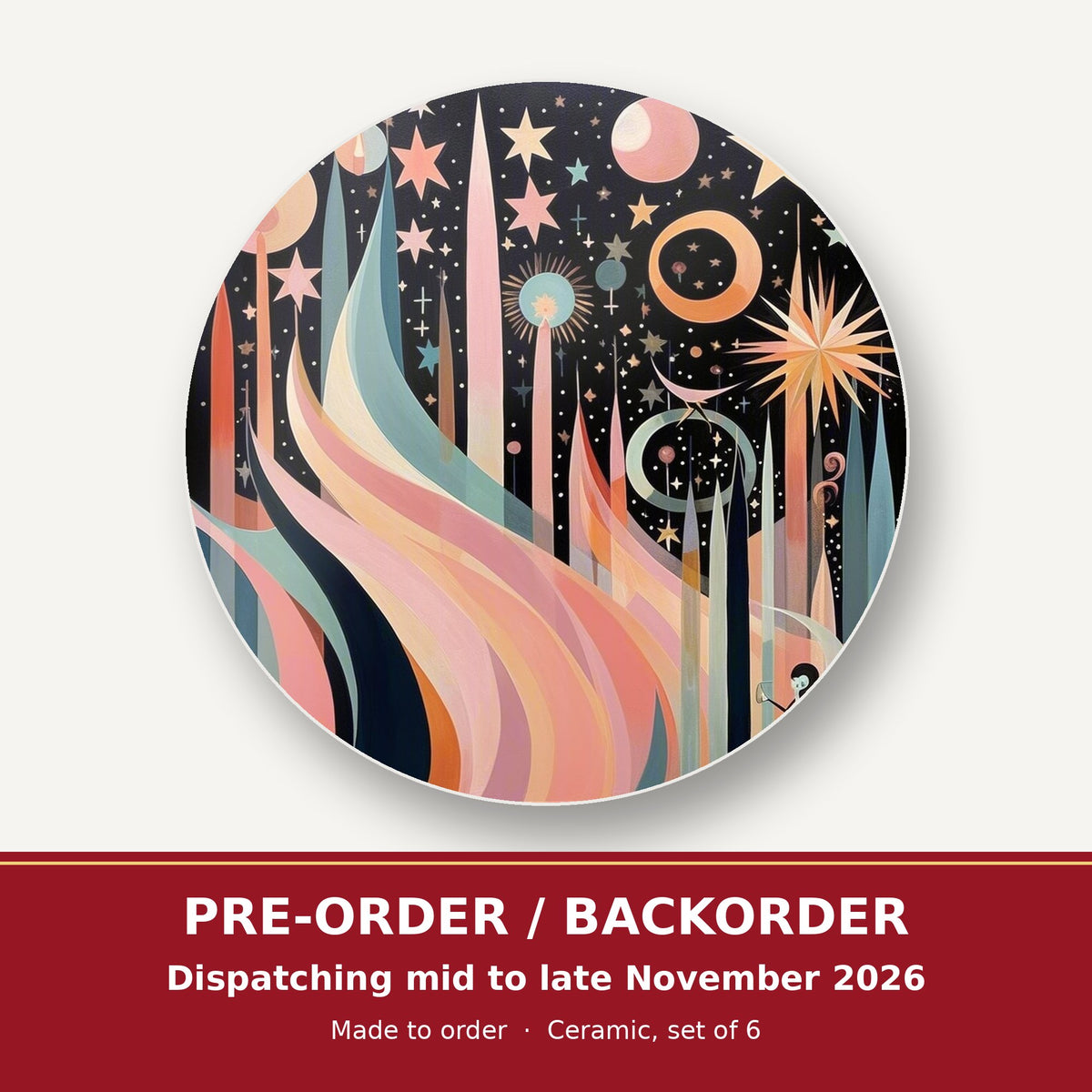 Boho Celestial Abstract round ceramic coaster set of 6 – pre-order / backorder, dispatching mid to late November 2026