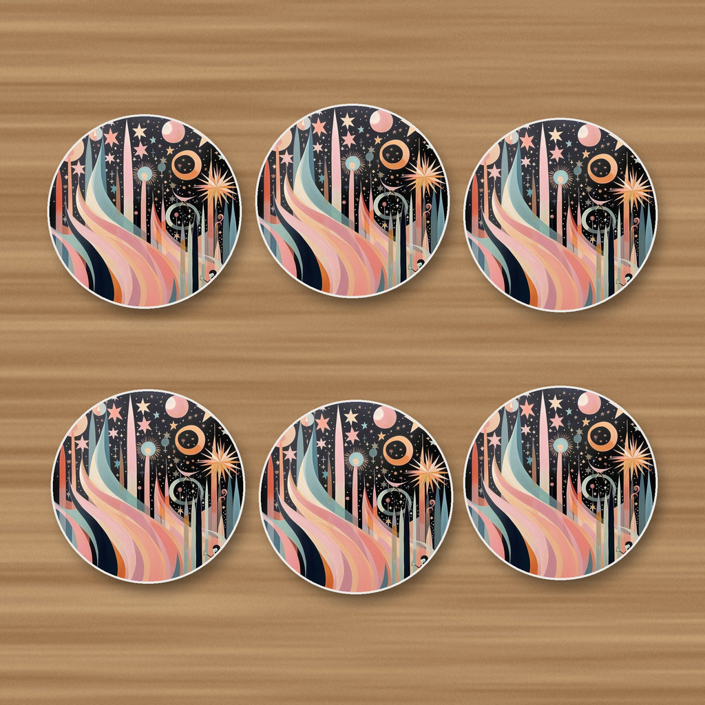 Boho Celestial Abstract round ceramic coasters, set of 6, on an oak coffee table