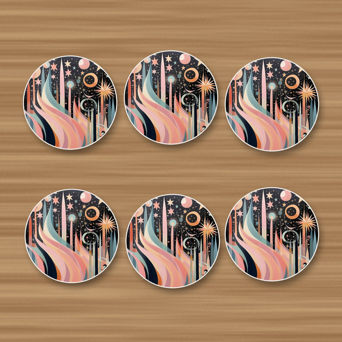 Boho Celestial Abstract round ceramic coasters, set of 6, on an oak coffee table