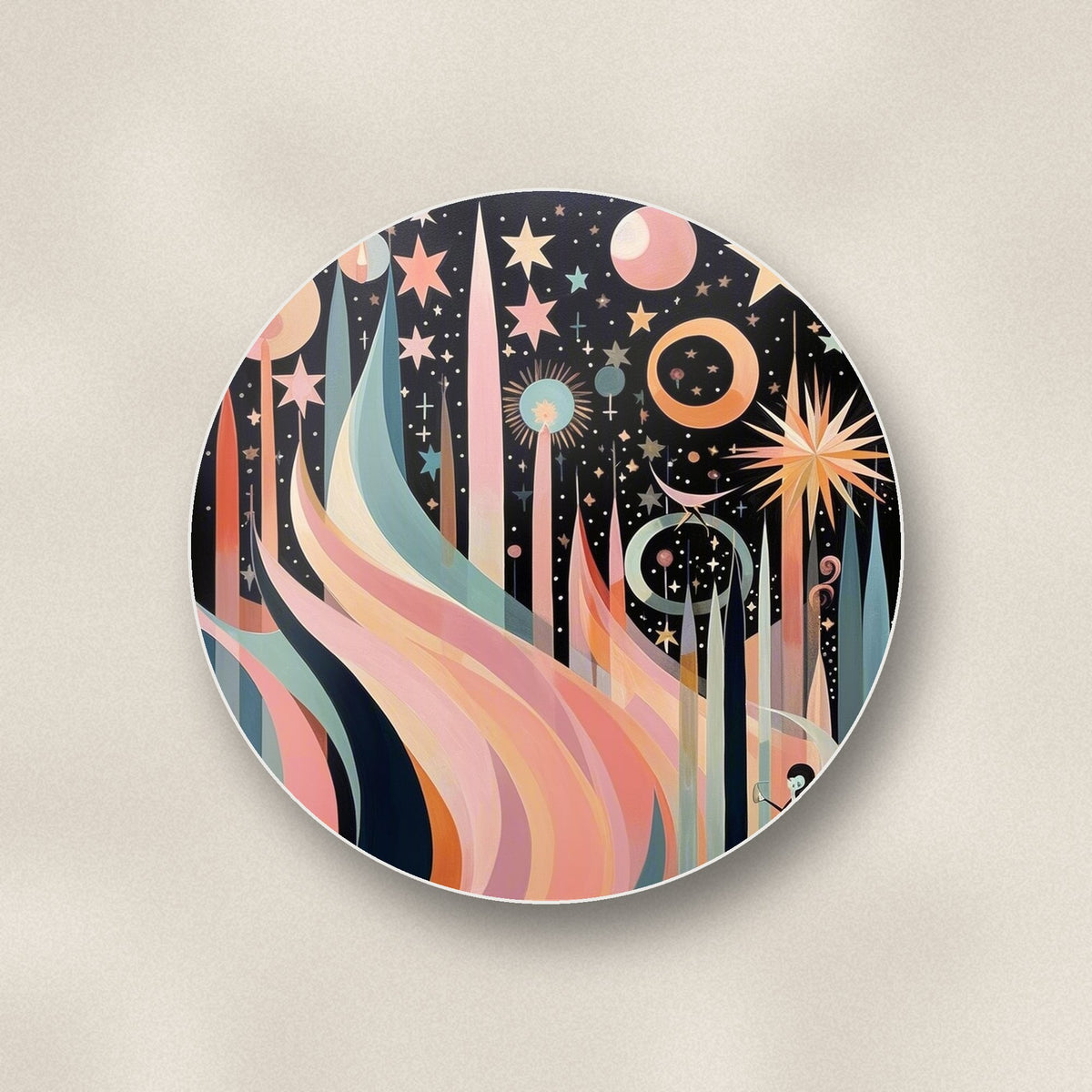 Close-up of one boho celestial abstract round ceramic coaster, flat UV print