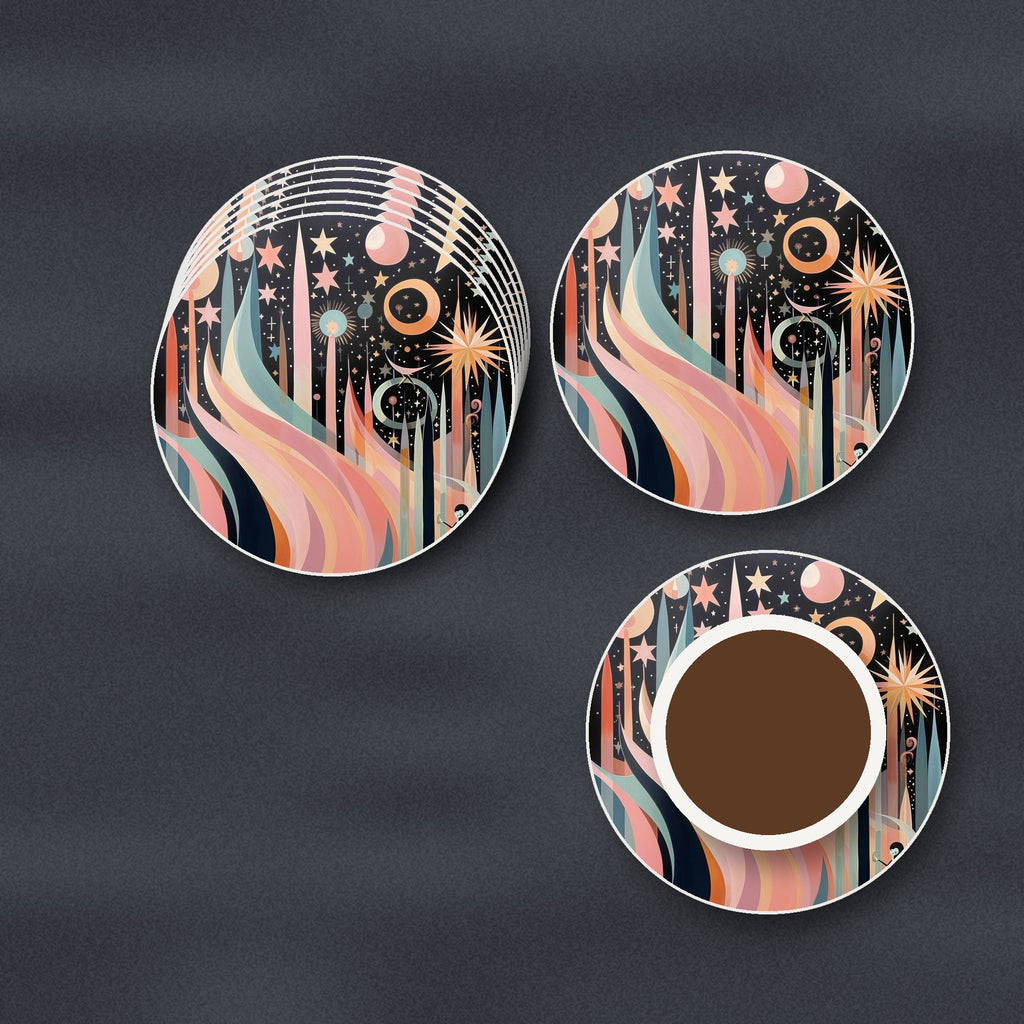 Boho Celestial Abstract round ceramic coasters stacked on a slate kitchen worktop