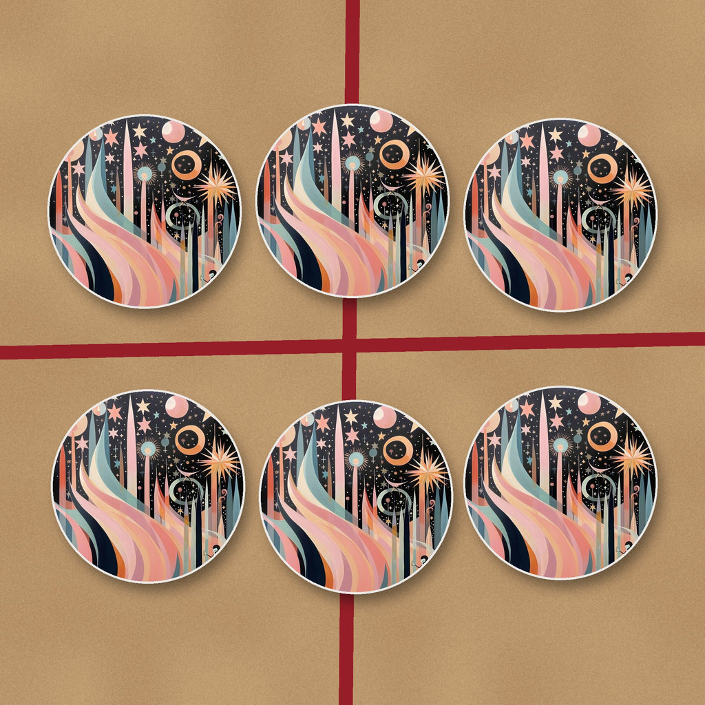 Boho Celestial Abstract round ceramic coasters on kraft gift wrap