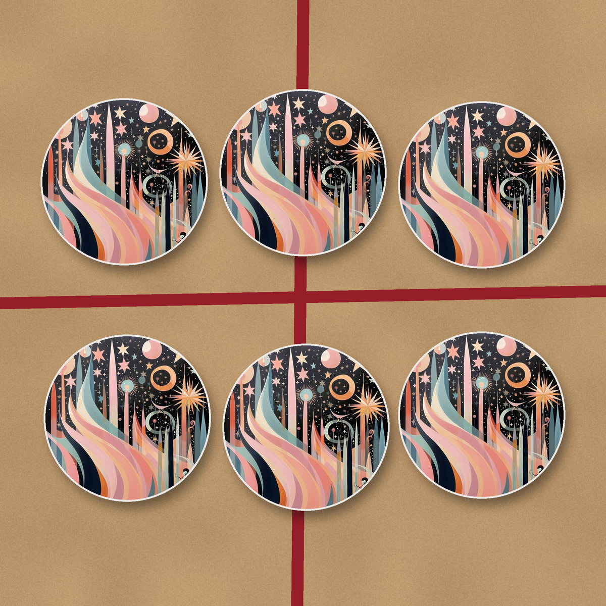 Boho Celestial Abstract round ceramic coasters on kraft gift wrap